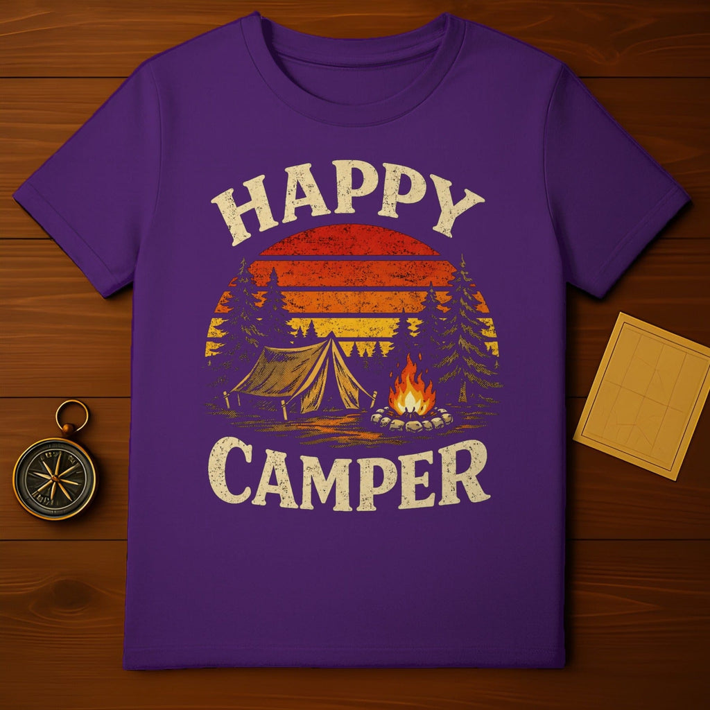 Happy Camper Sunset Graphic T-Shirt for Outdoor Enthusiasts