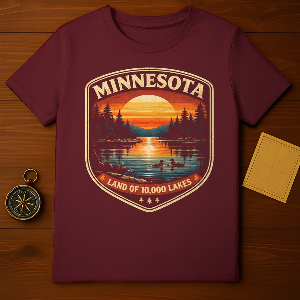 Burgundy t-shirt with a Minnesota sunset landscape design.