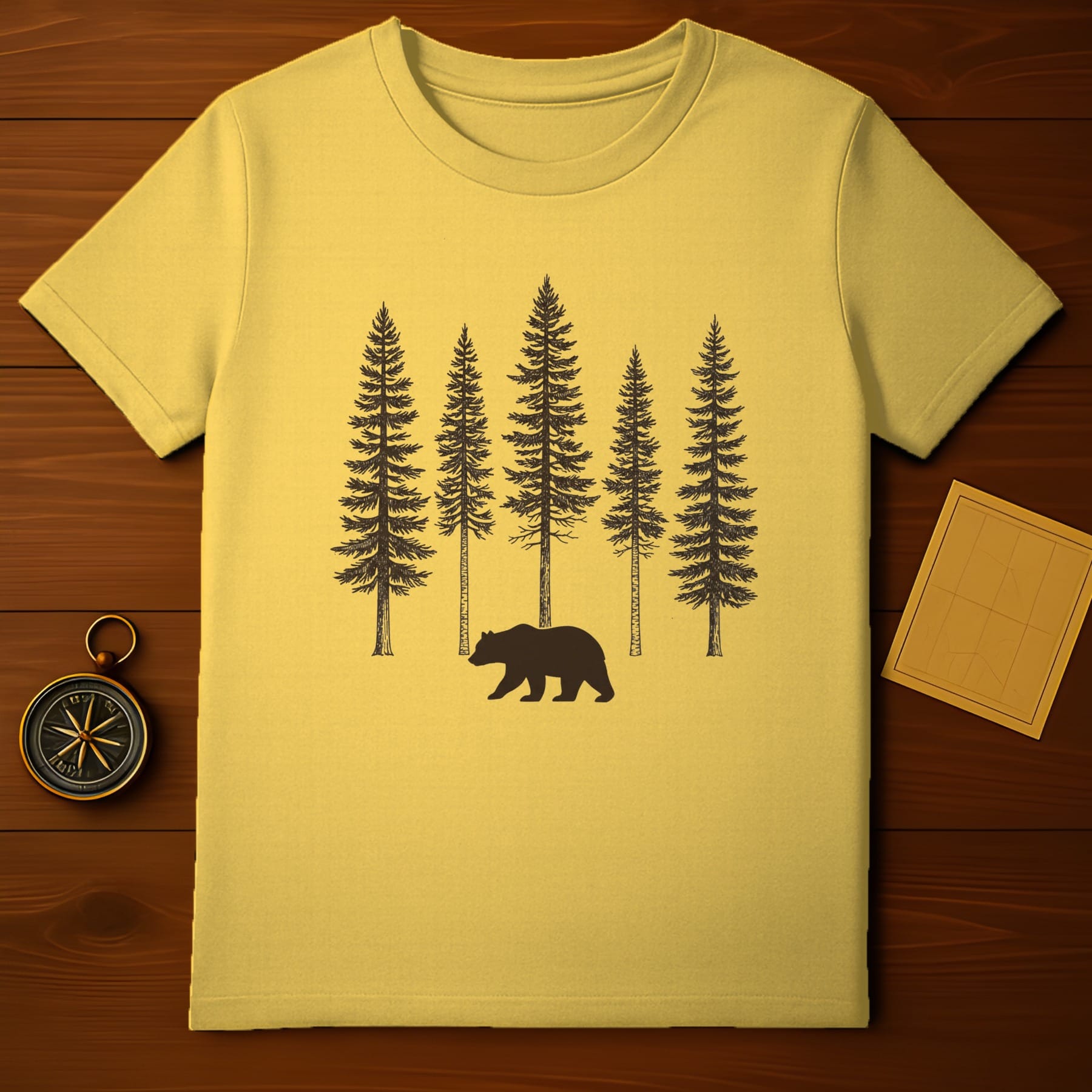 Bear and Pine Tree Silhouette Graphic Printed T-Shirt