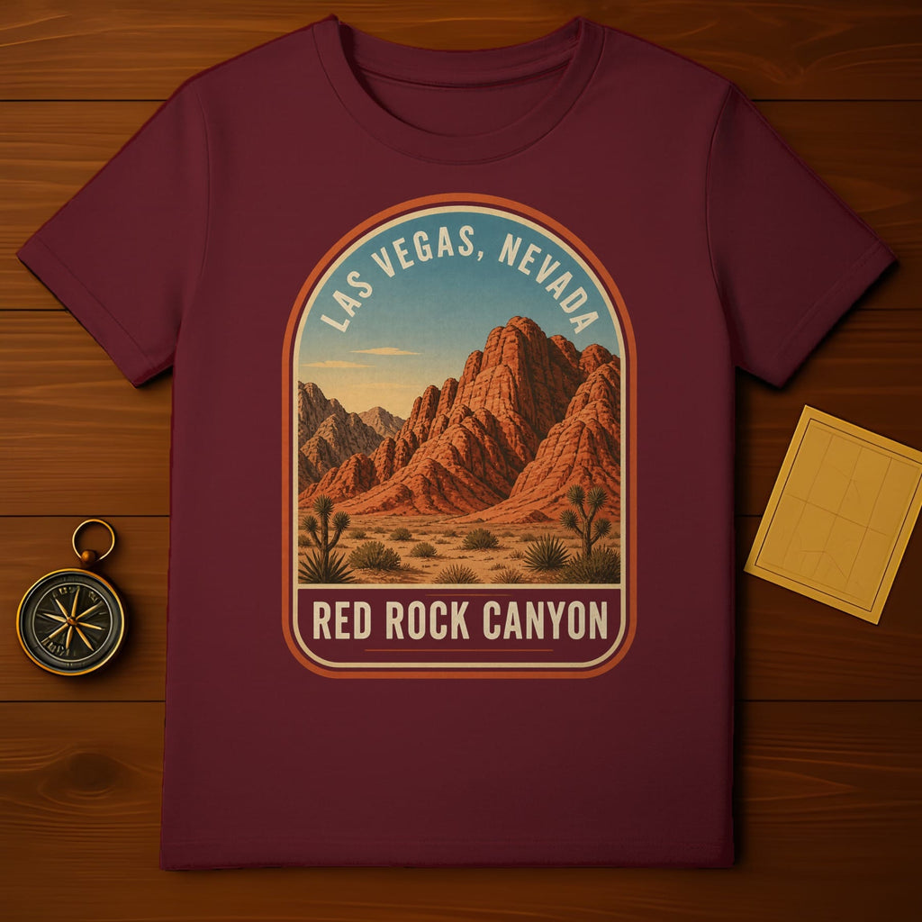 Maroon t-shirt with Red Rock Canyon, Nevada graphic.