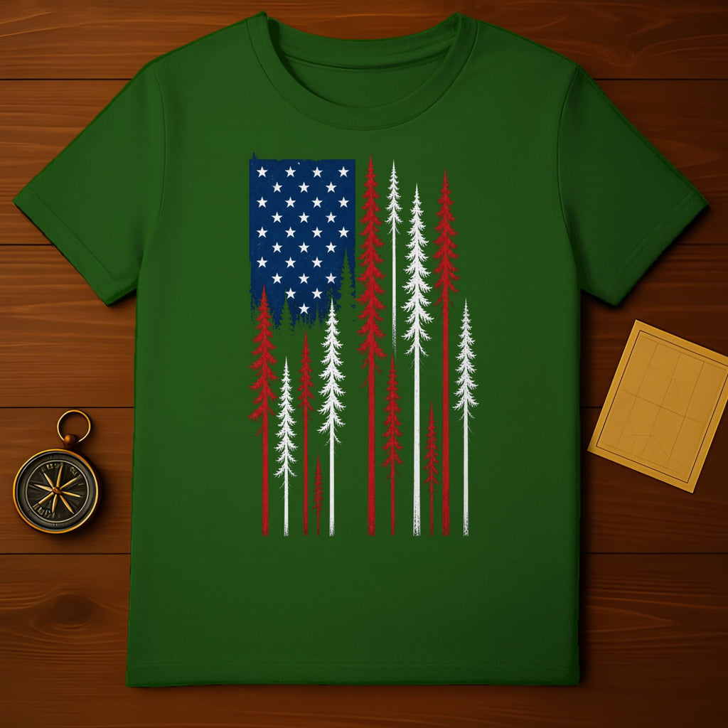 Green t-shirt with distressed American flag and pine trees design.