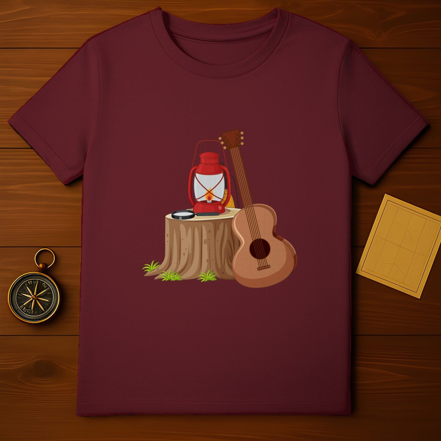 Rustic Lantern and Guitar Camping Design T-Shirt