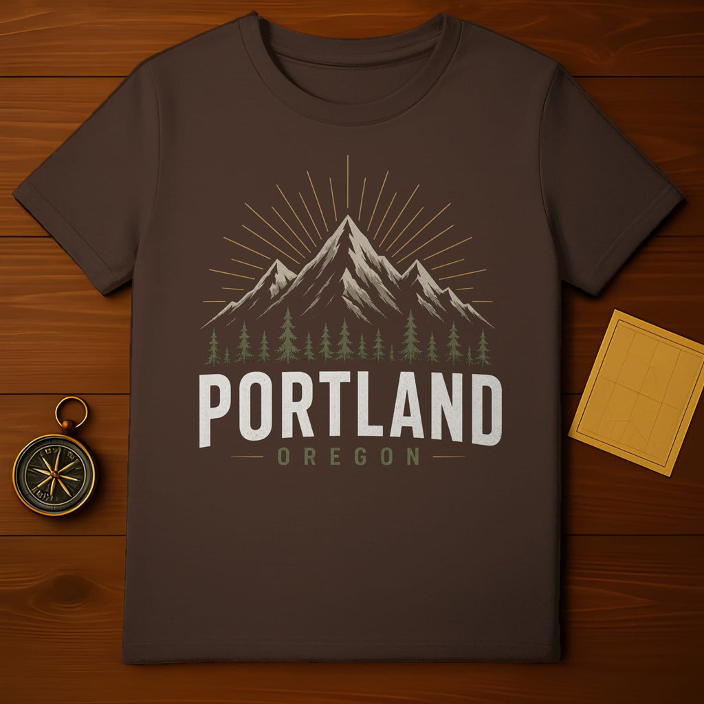 Brown t-shirt with "Portland Oregon" and mountain graphic.