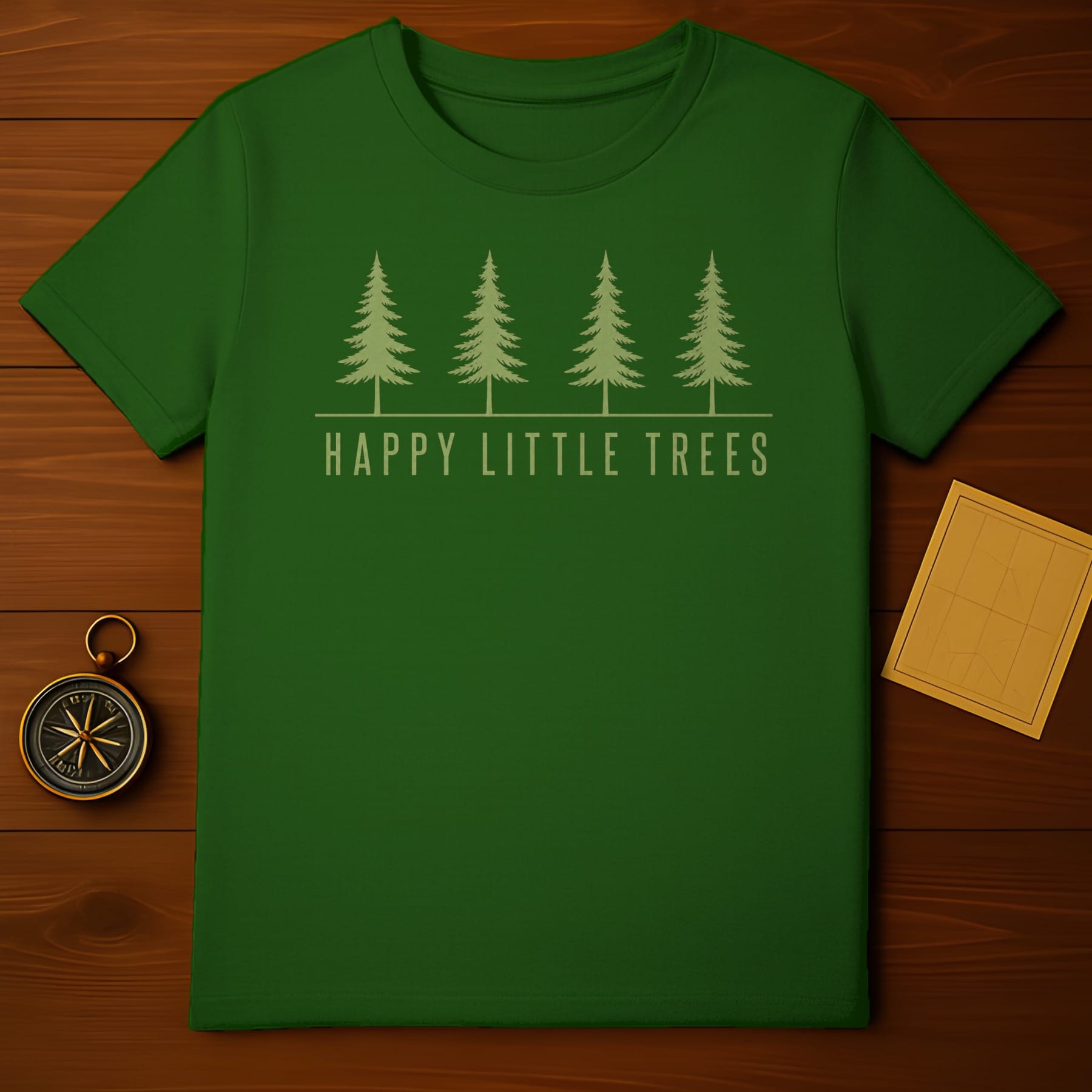 Green t-shirt with four stylized trees and "HAPPY LITTLE TREES" text.