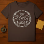 Mountain Camping Scene Graphic on Brown Shirt