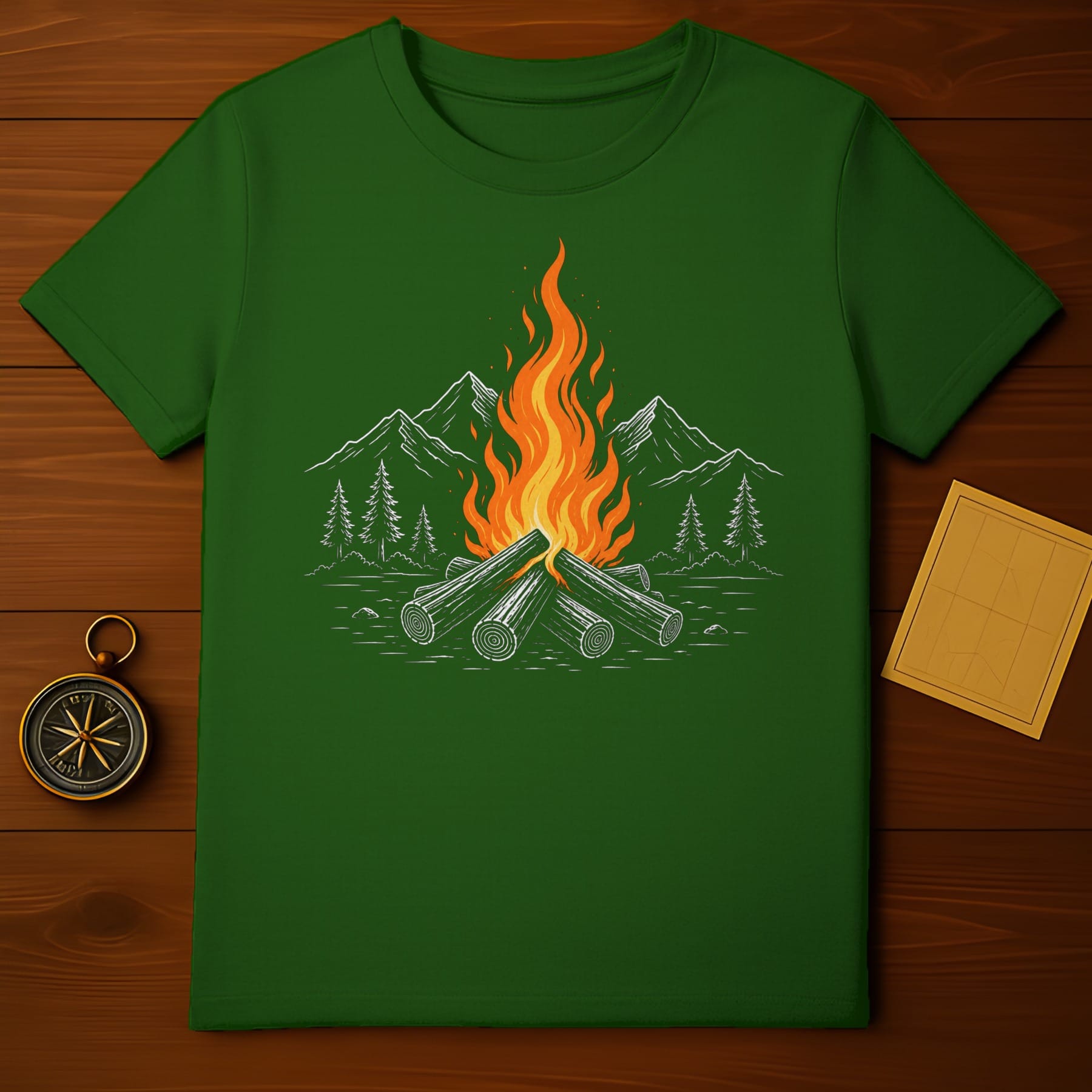 Green t-shirt with a drawing of a campfire and mountains.