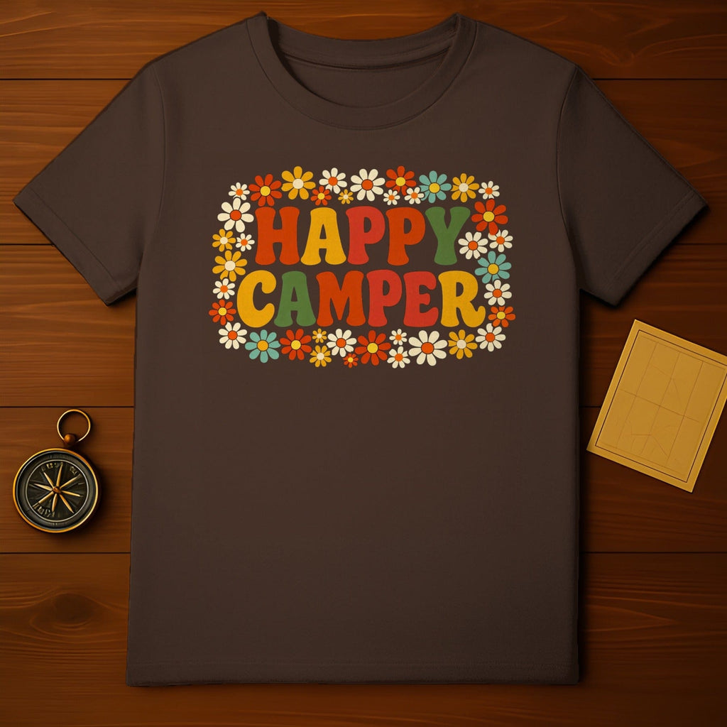 Happy Camper Retro Floral Colorful Graphic Product Type
Happy Camper, Camping, Outdoors, Nature Lover, Adventure, Travel, Retro Design, Vintage Style, Floral Print, Flower Power, Daisy Art, Hippie Vibe, Groovy Era, Summer Fun, Vacation Wear, Explore Life, Camper Life, Road Trip, Graphic Apparel, Brown Shirt