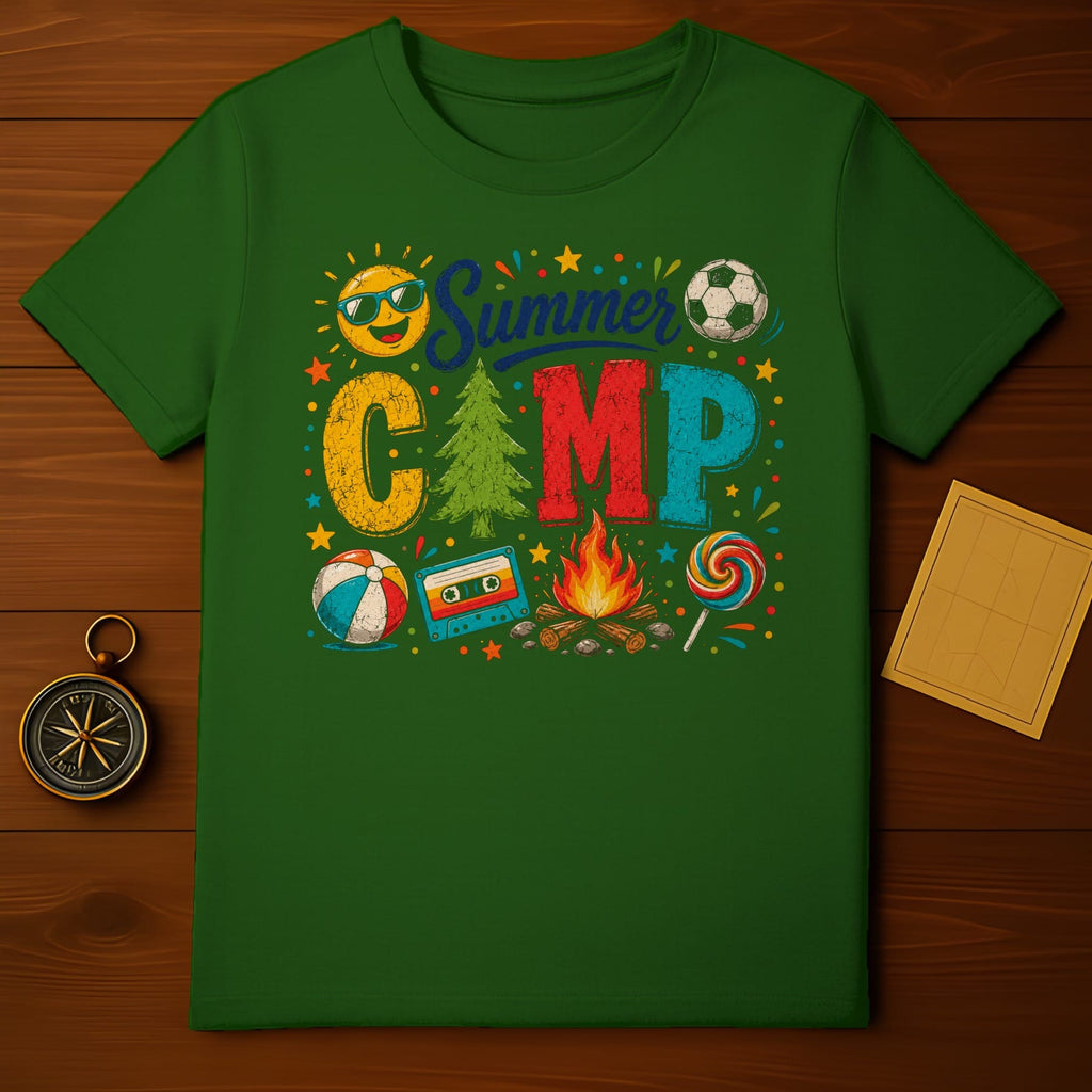 Green t-shirt with "Summer Camp" text, sun, soccer ball, beach ball, campfire, and lollipop.