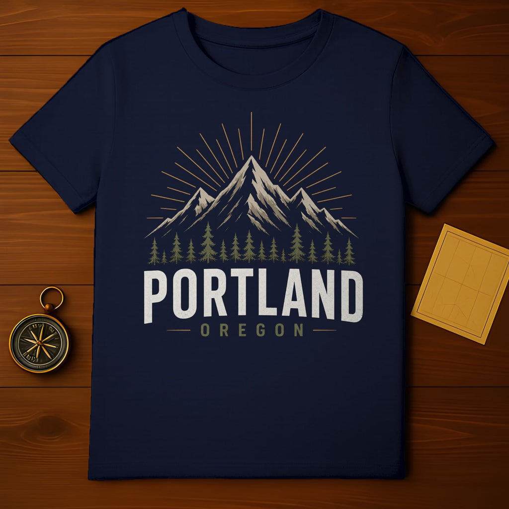 Navy t-shirt with "Portland Oregon" text and mountain graphic.
