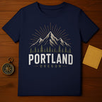 Navy t-shirt with "Portland Oregon" text and mountain graphic.
