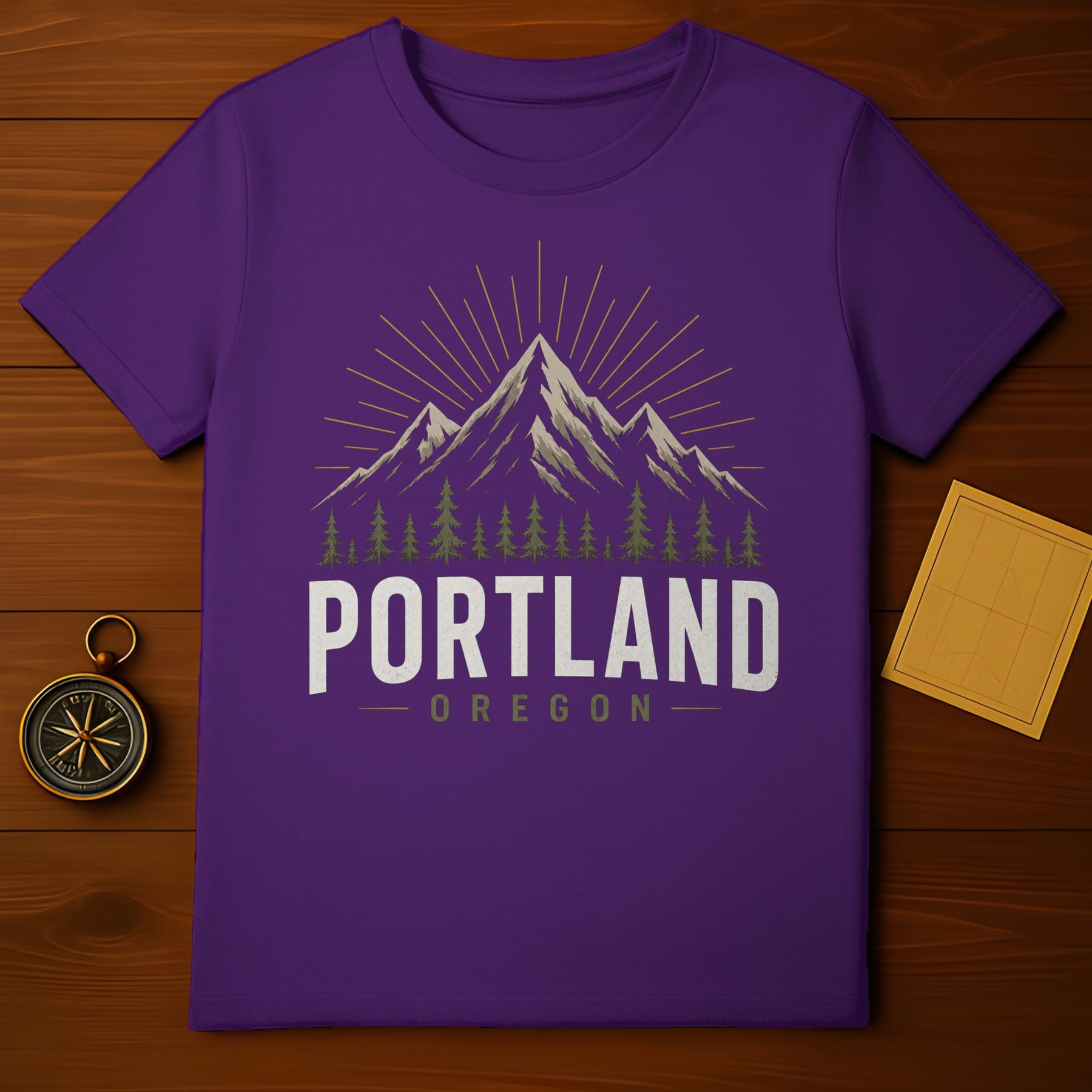 Purple t-shirt with "Portland Oregon" text and mountain graphic.