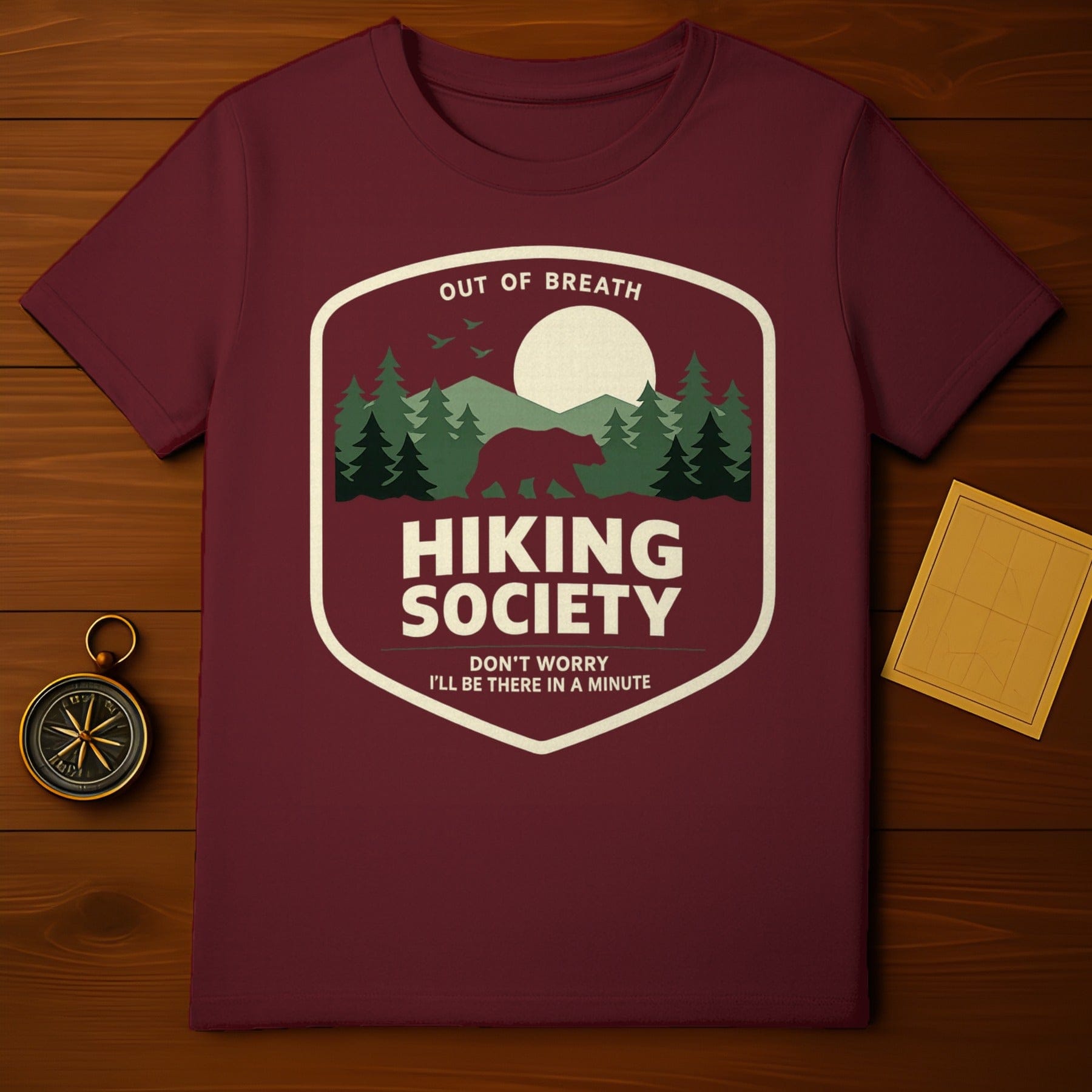 OUT OF BREATH HIKING SOCIETY Bear Forest Sun product type

hiking society
out of breath
bear graphic
forest design
nature theme
outdoor adventure
camping shirt
trail exploration
mountain scenery
wildlife apparel
funny hiking
humorous tee
vintage style
retro design
graphic t-shirt
burgundy color
maroon top
sun moon
trees artwork
adventure lover