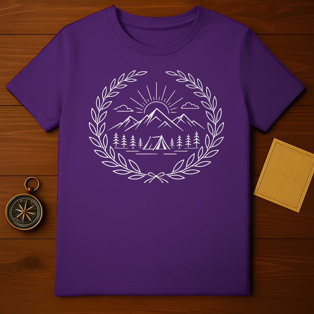 Purple Camping Design with Mountain Scene T-shirt