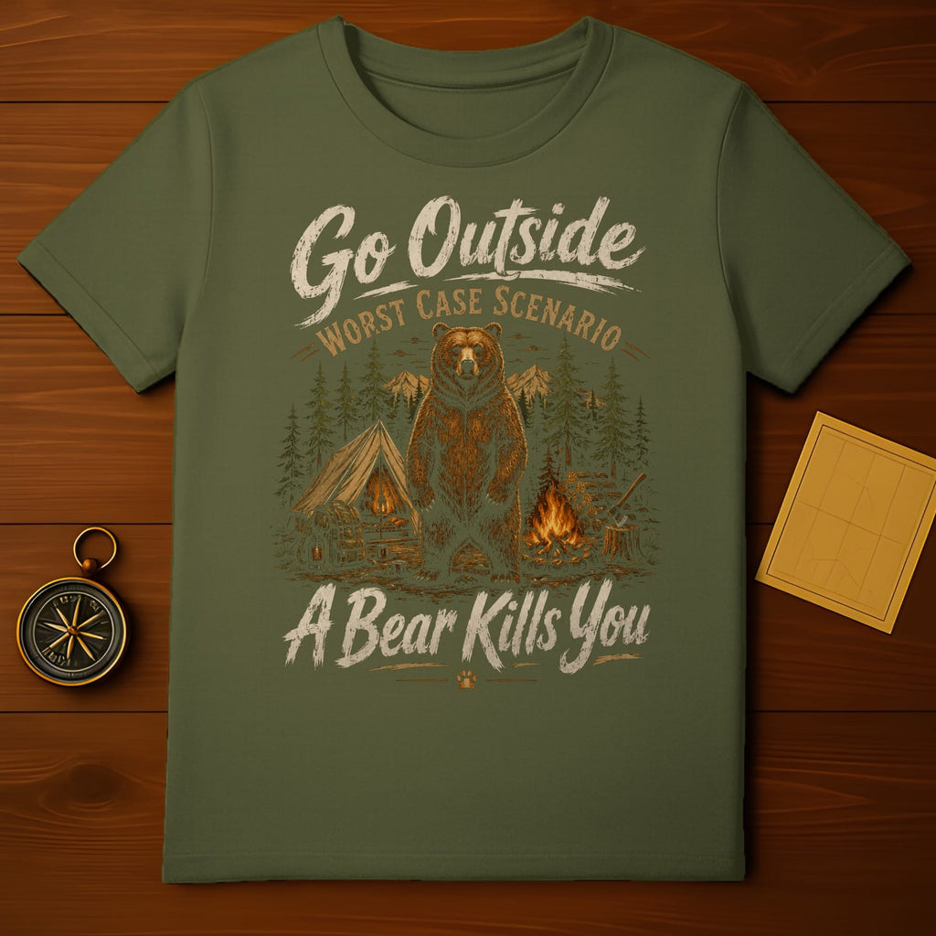 Green t-shirt with "Go Outside Worst Case Scenario A Bear Kills You" text and camping illustration.