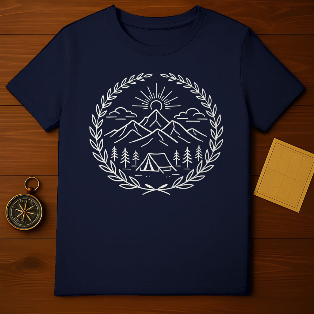 Mountain Camping Scene In Wreath Design T-Shirt