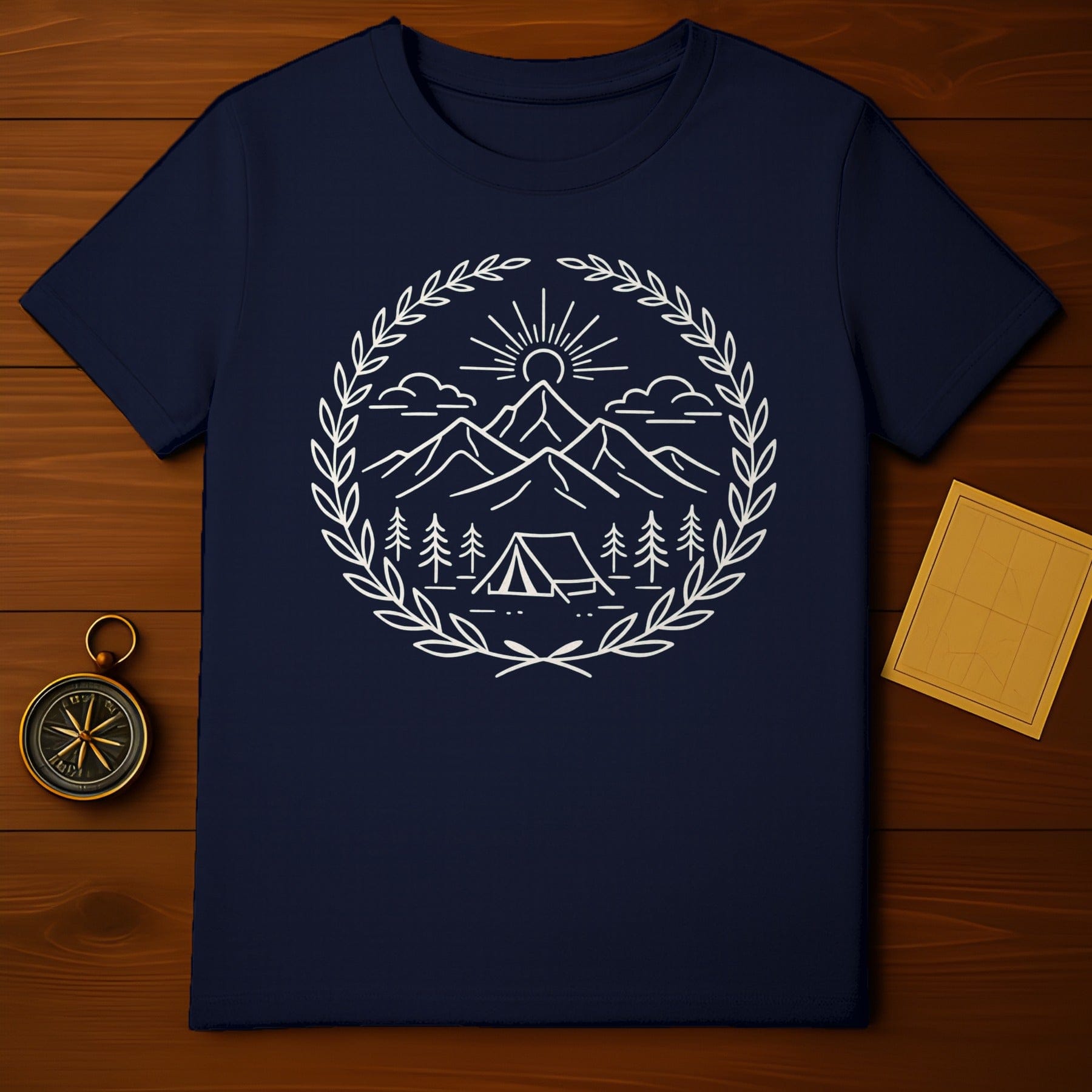 Mountain Camping Scene In Wreath Design T-Shirt
