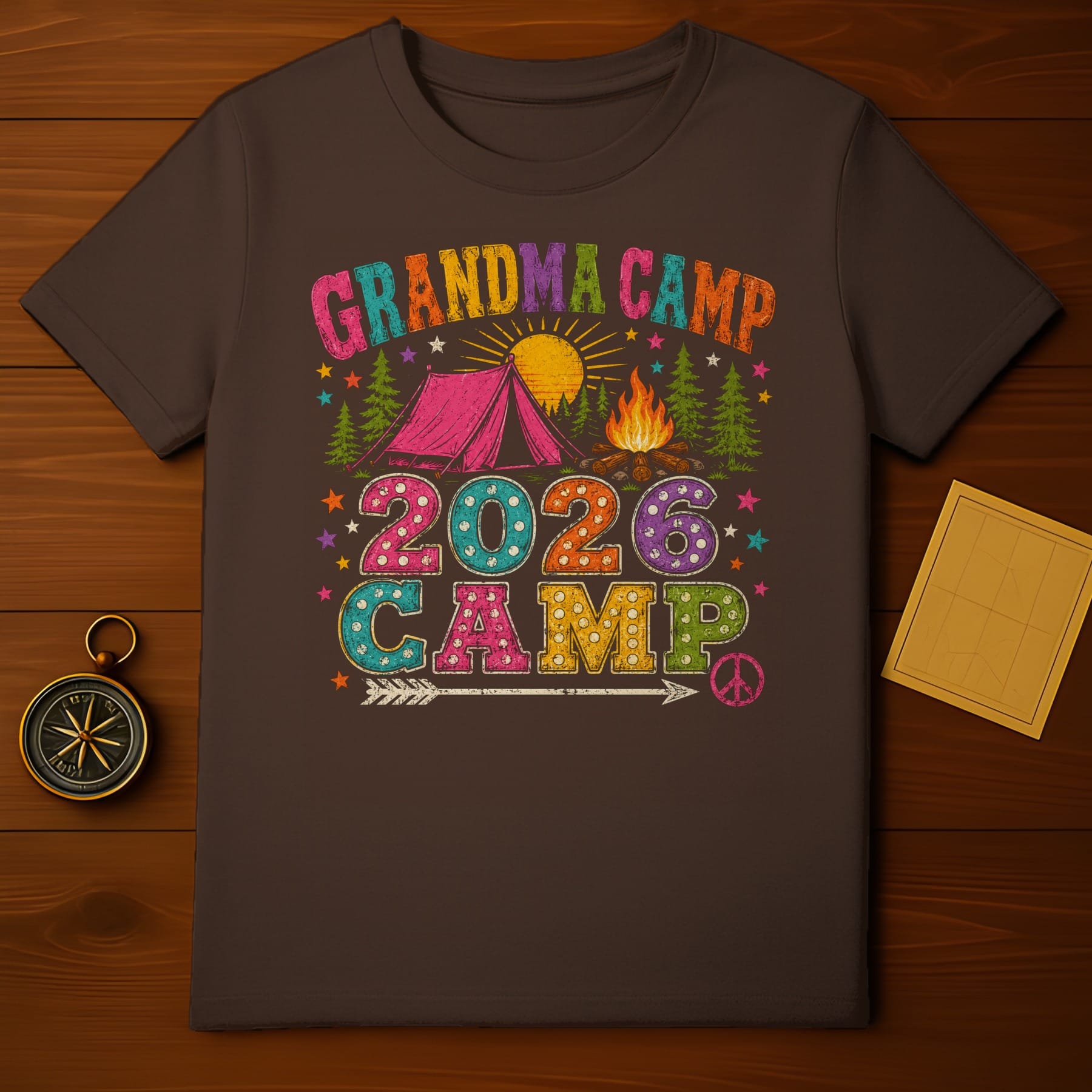 Grandma Camp 2026 Camp with tent, campfire, and peace sign graphic.