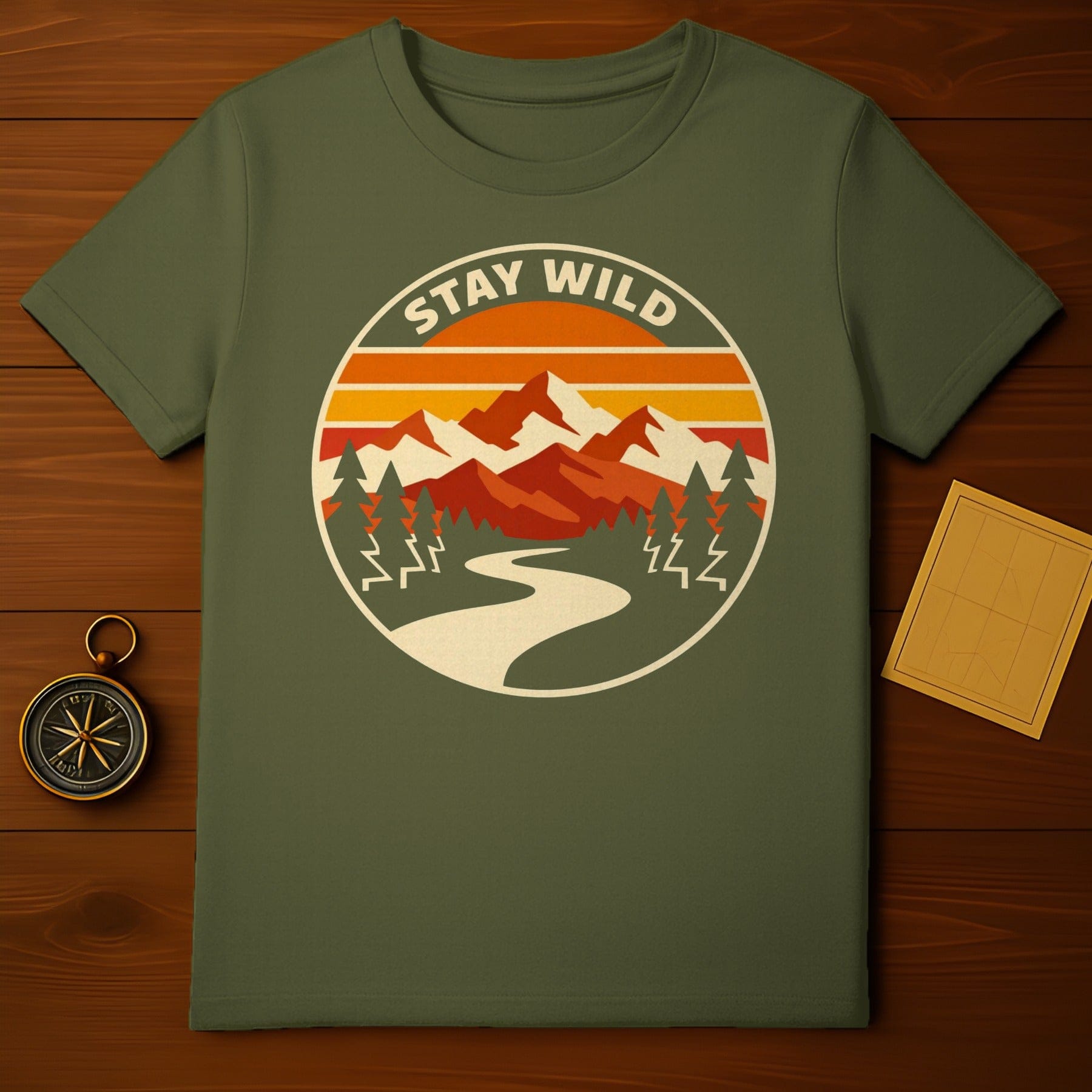 Stay Wild Mountain Forest Sunset River Graphic T Shirt product type