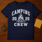 Navy t-shirt with white "Camping 20 26 Crew" text and campfire graphic.