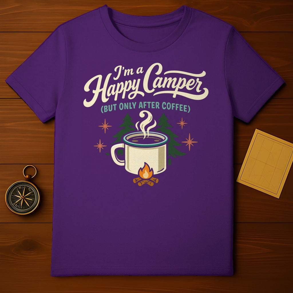 Happy Camper BUT ONLY AFTER COFFEE Camp Life product type
camping
coffee
happy camper
campfire
outdoor
nature
wilderness
adventure
drink
beverage
trees
stars
mountains
travel
funny
quote shirt
graphic tee
purple shirt
outdoorsy
morning coffee