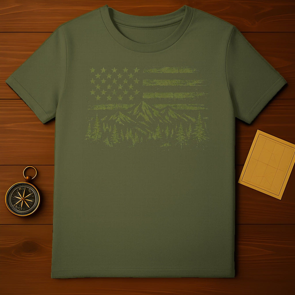 Scenic USA Flag and Mountain Graphic T-Shirt