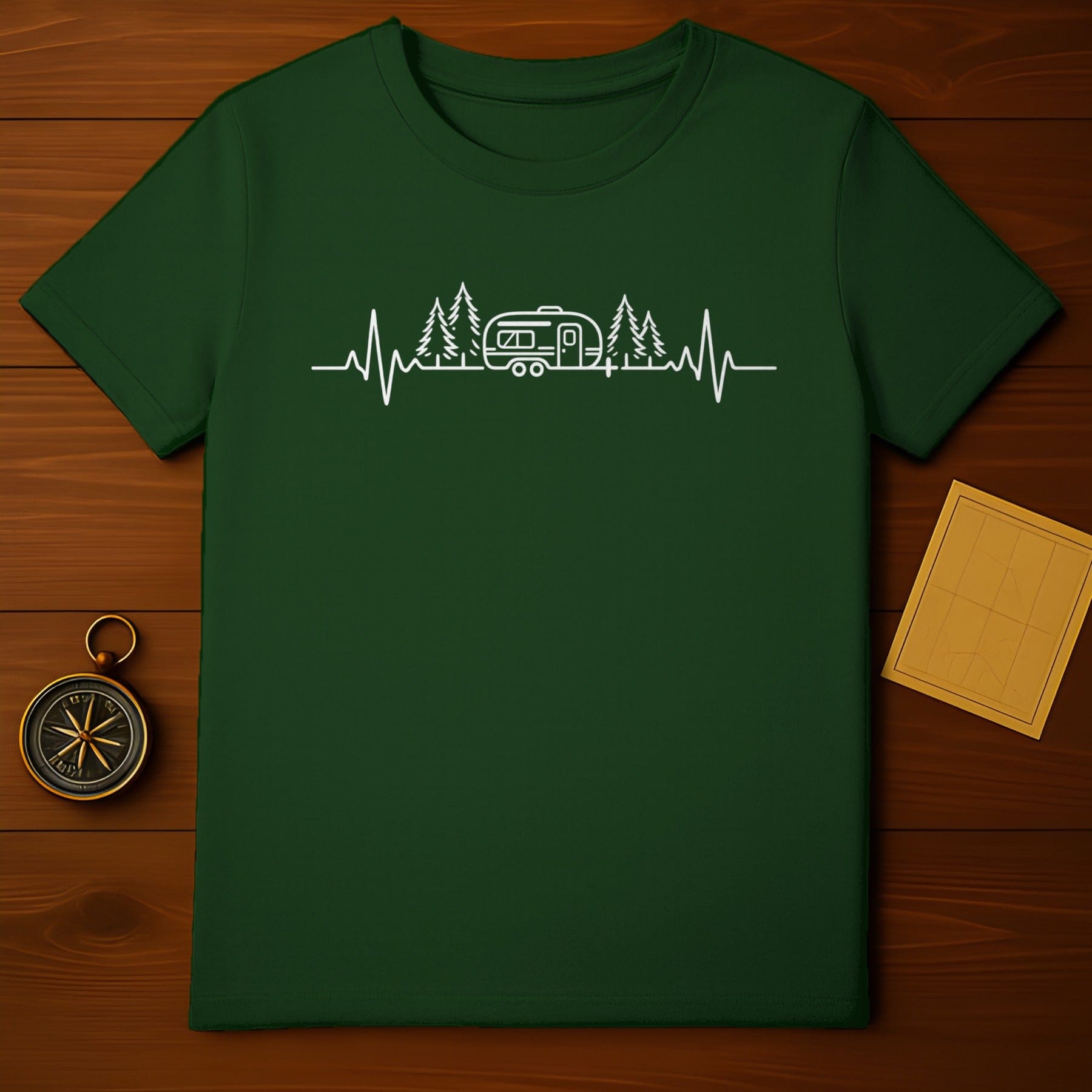 Camper and Tree Line Heartbeat Graphic Tee Shirt
