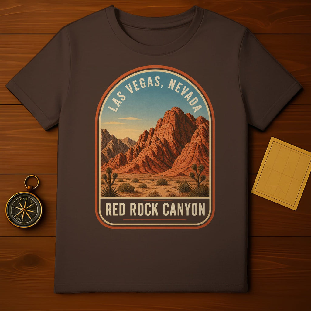 Brown t-shirt featuring Red Rock Canyon graphic with mountains and desert landscape.