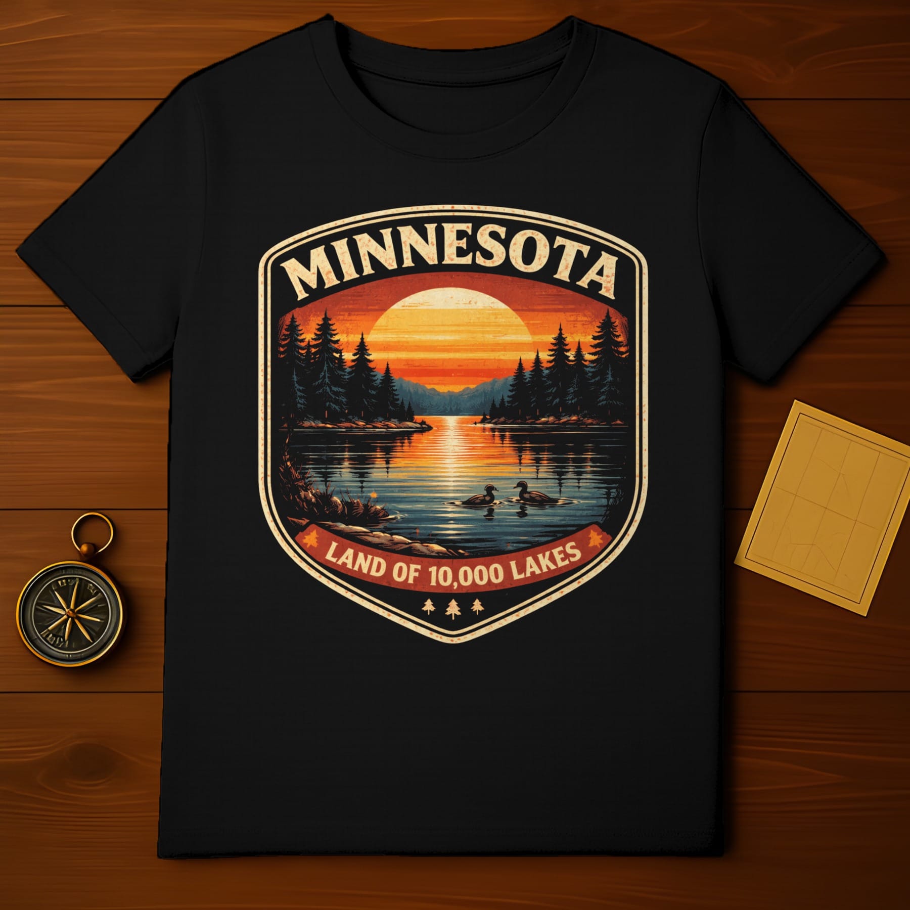 Minnesota Land of 10,000 Lakes sunset over lake with geese, forest.