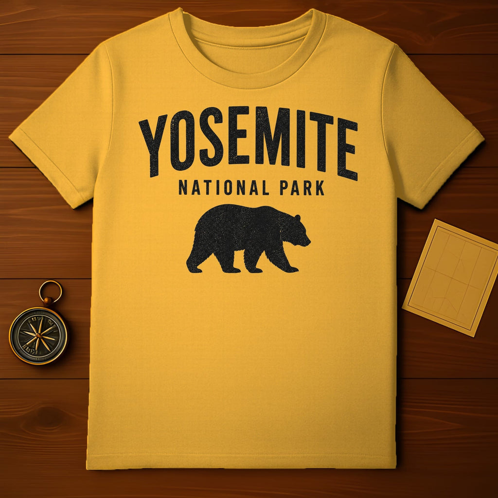 Yellow t-shirt with "Yosemite National Park" and a black bear silhouette.