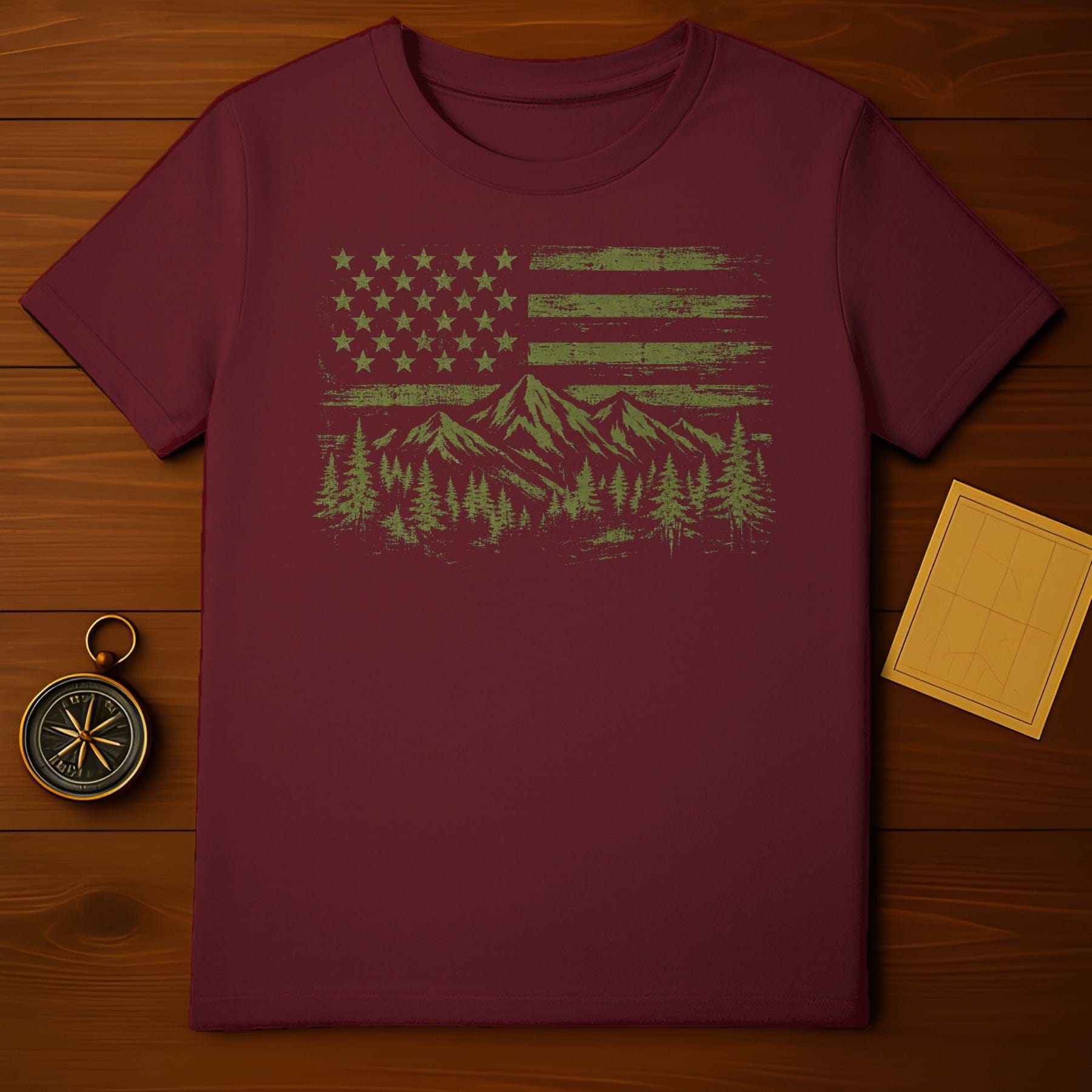 Vintage American Flag and Mountain Scene T-Shirt