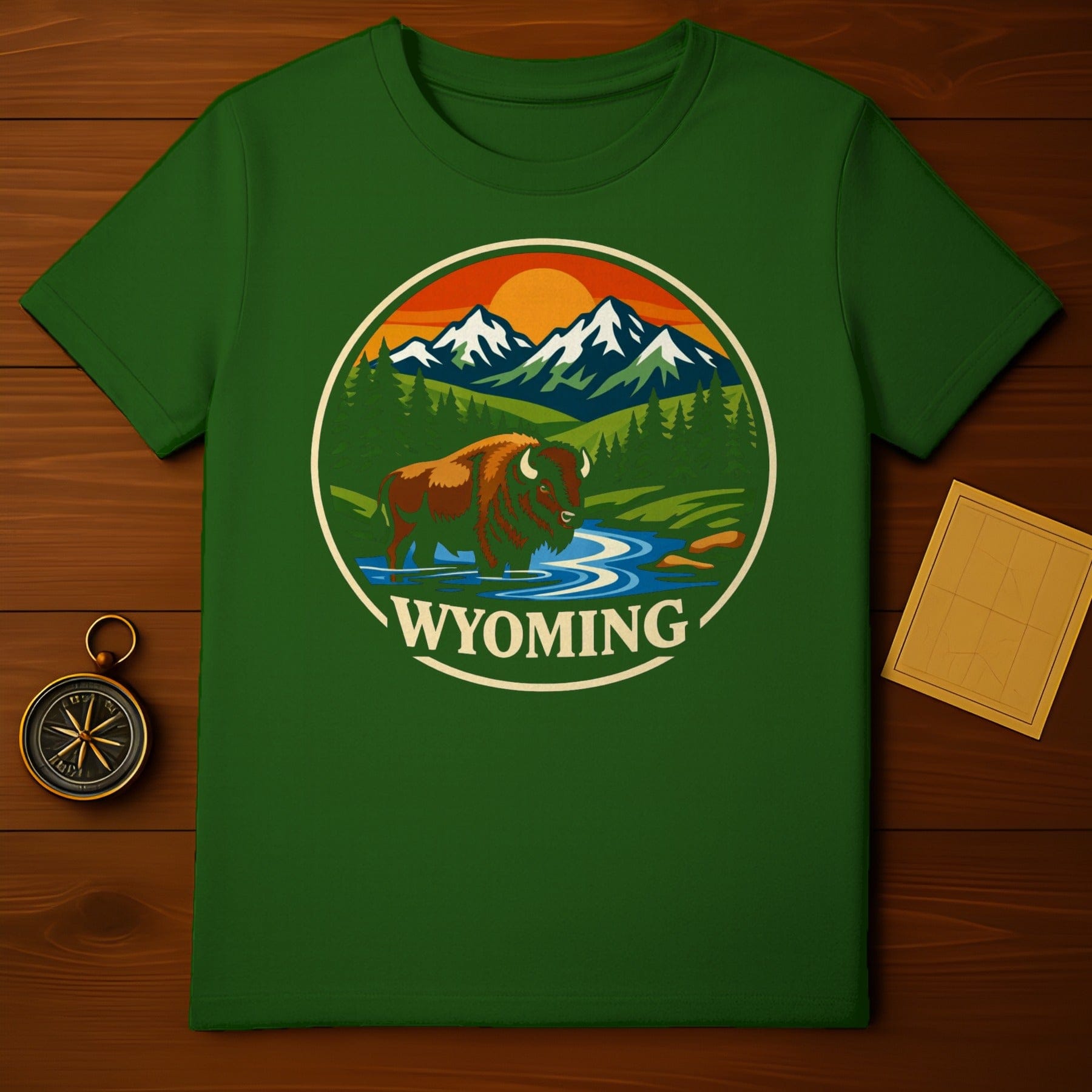 Wyoming Bison Mountain River Sunset Circle Graphic product type