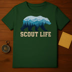 Green t-shirt with bear silhouette filled with mountain and forest landscape, and "Scout Life" text.