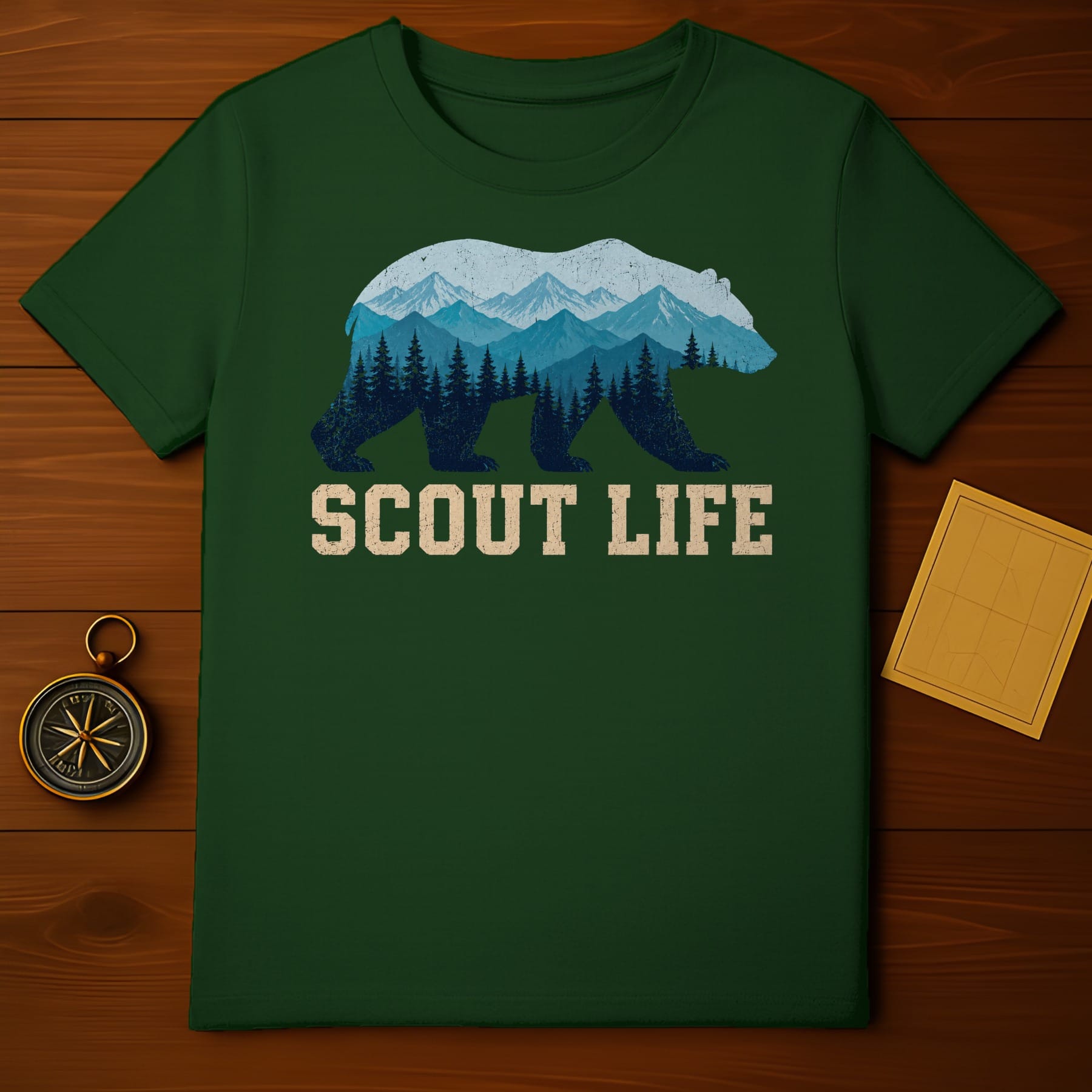 Green t-shirt with bear silhouette filled with mountain and forest landscape, and "Scout Life" text.