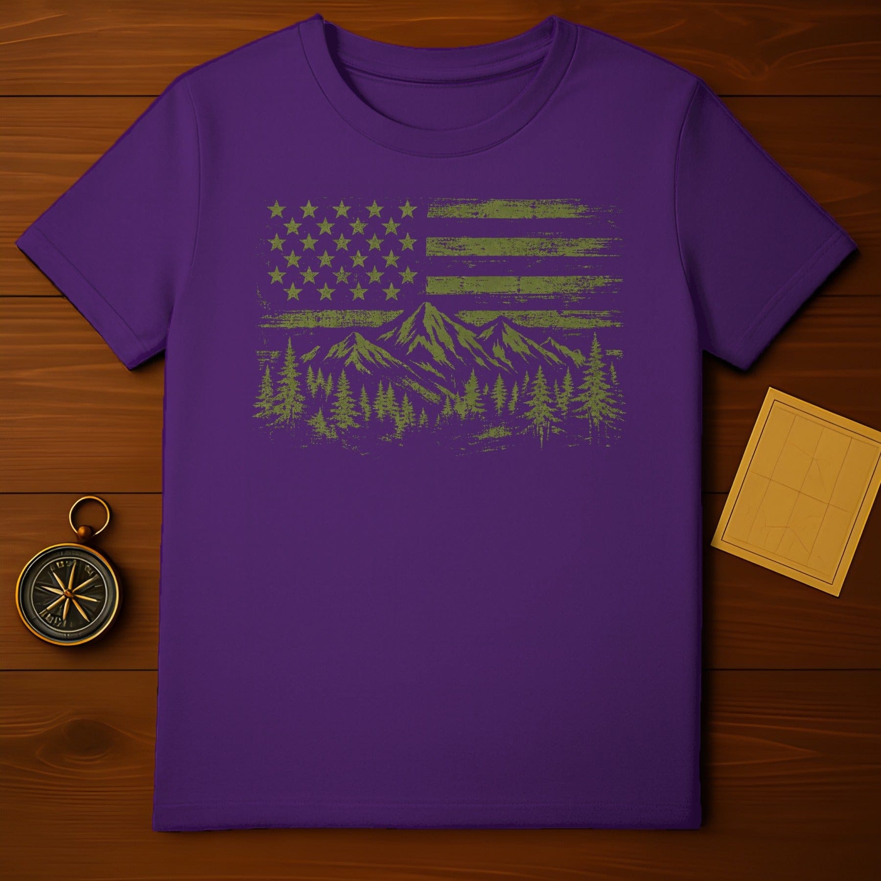 Patriotic American Flag Mountain Design Purple T-Shirt