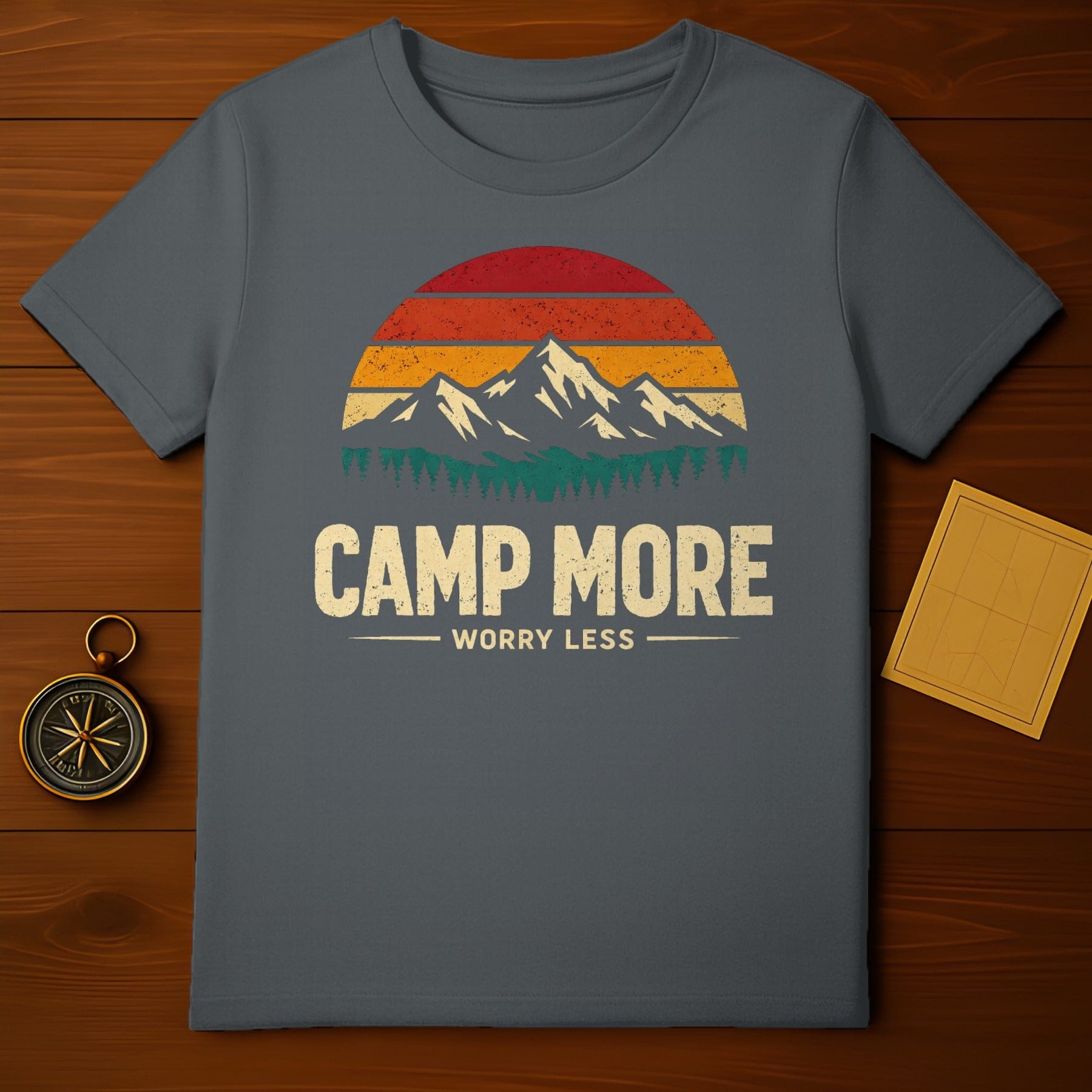 CAMP MORE WORRY LESS Retro Sunset Mountains Trees product type