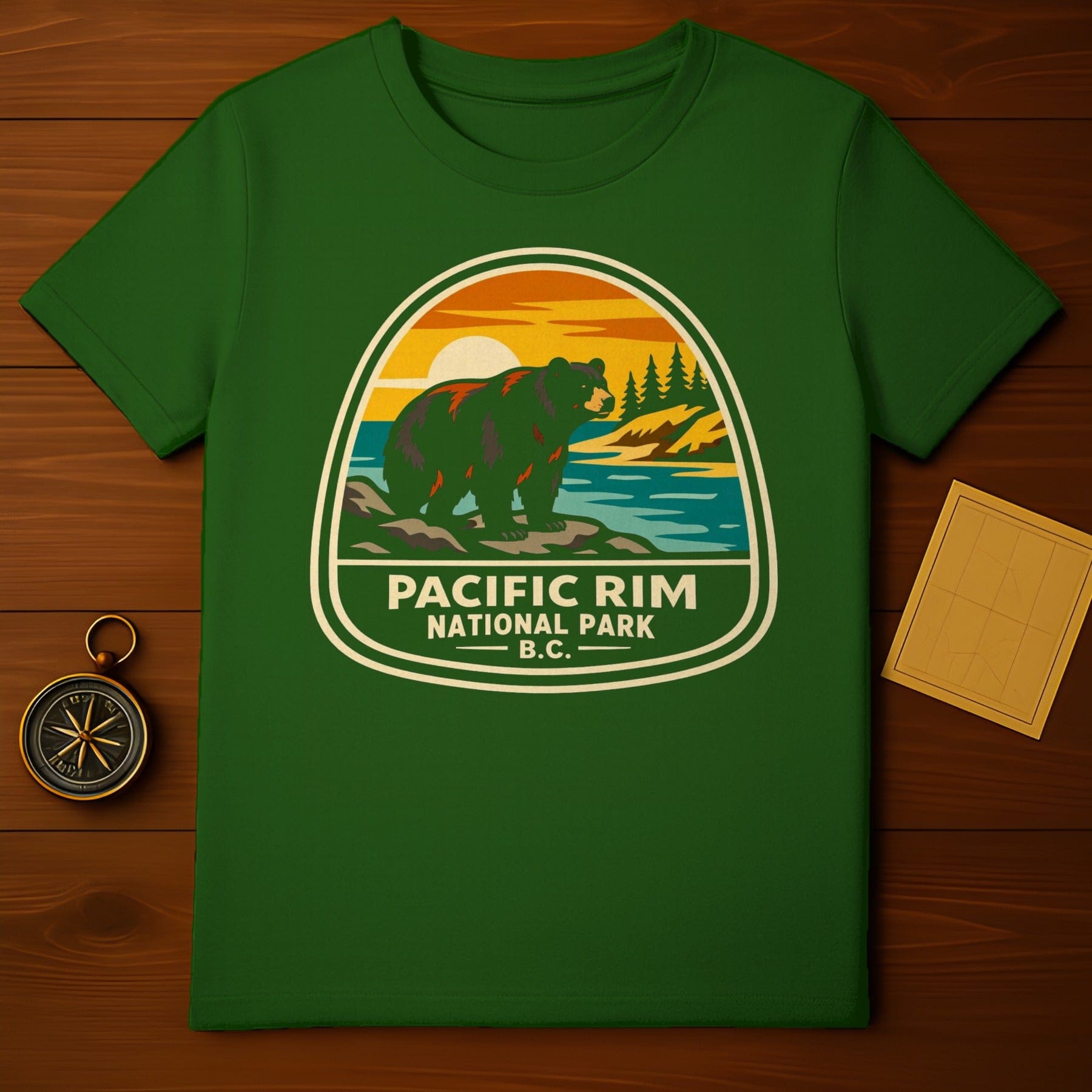 PACIFIC RIM NATIONAL PARK B.C. outdoor product type
Pacific Rim National Park, British Columbia, Canada travel, National park, Nature inspired, Bear graphic, Outdoor adventure, Vintage design, Retro style, Forest print, Wildlife art, Green apparel, Sunset landscape, Mountain scene, Ocean view, Park souvenir, Explore BC, Camping trip, Hiking gear, Evergreen trees