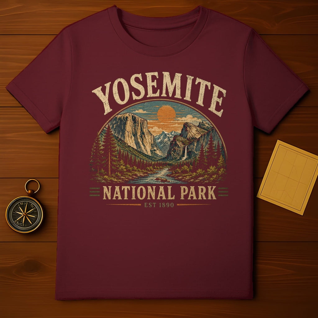 Maroon t-shirt with Yosemite National Park landscape graphic and est. 1890.