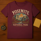 Maroon t-shirt with Yosemite National Park landscape graphic and est. 1890.