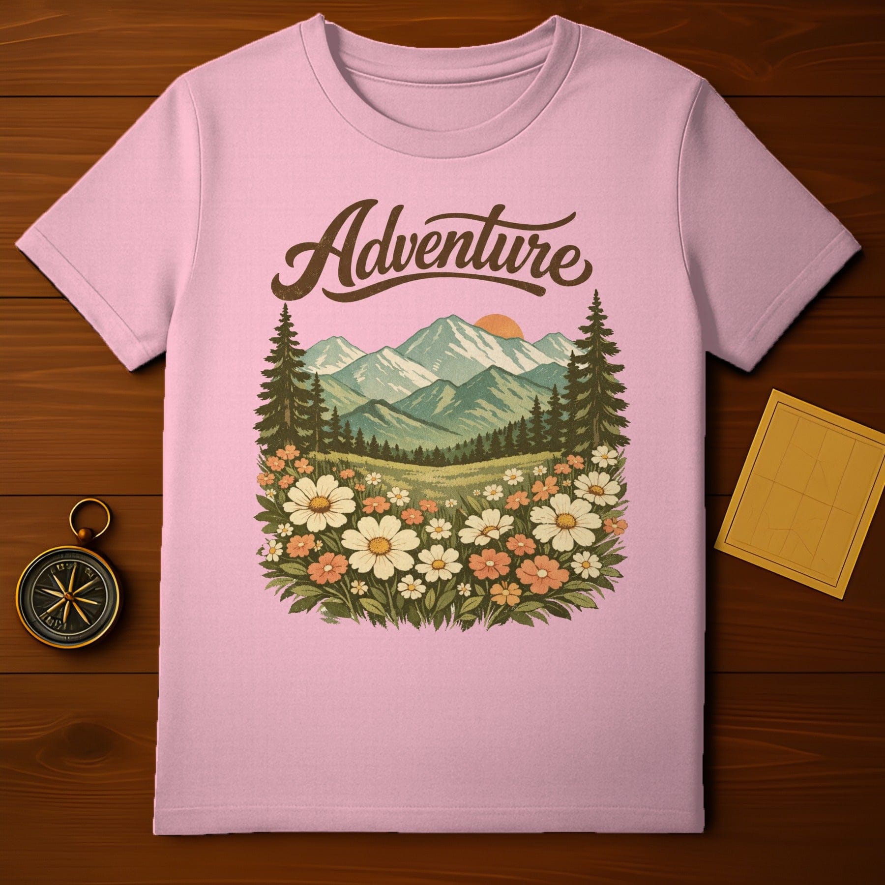 Adventure Mountain Scene with Flowers T-shirt