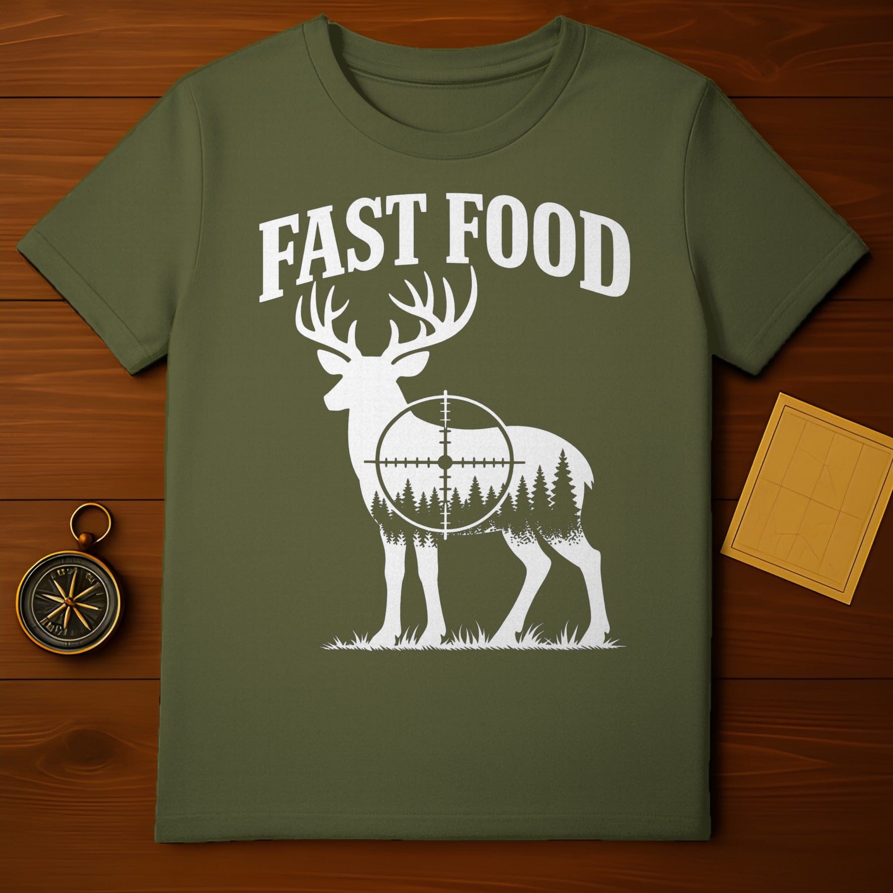 Fast Food Deer Hunter Themed Graphic T-shirt