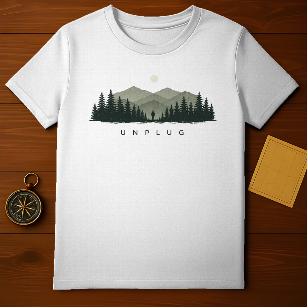 Unplug Nature Scene Graphic Tee with Mountains and Forest