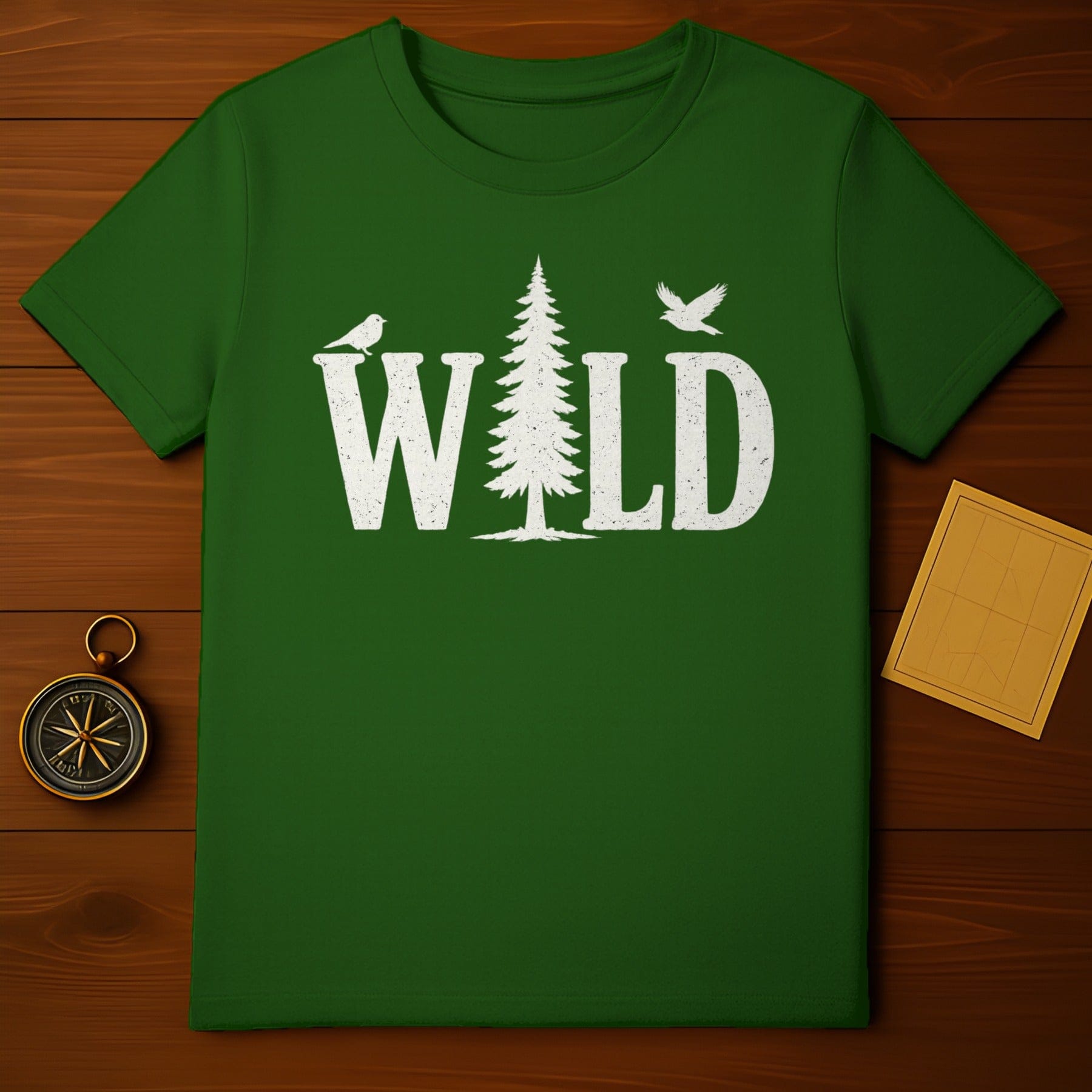 Wild Graphic Tee with Pine Tree and Birds Design Shirt