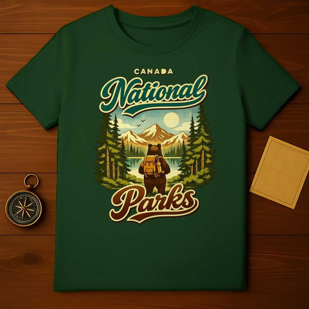 Canada National Parks Bear Hiking Adventure product type
Canada National Parks, National Parks, Bear design, Hiking bear, Adventure scene, Forest landscape, Mountain view, Lake reflection, Outdoor theme, Nature graphic, Vintage style, Retro design, Camping trip, Wildlife art, Travel souvenir, Green color, Graphic product, Park exploration, Wilderness motif, Backpacking bear