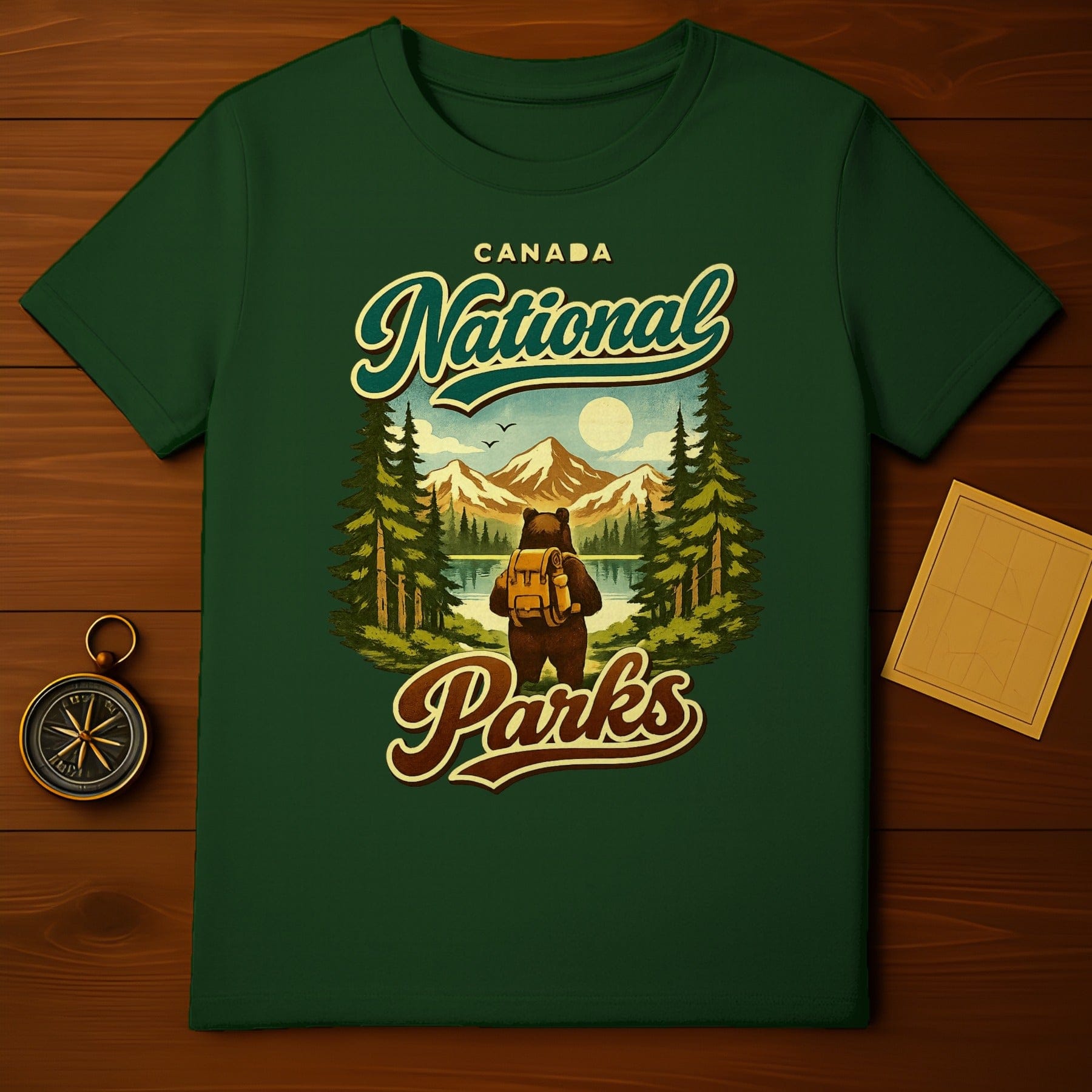 Canada National Parks Bear Hiking Adventure product type
Canada National Parks, National Parks, Bear design, Hiking bear, Adventure scene, Forest landscape, Mountain view, Lake reflection, Outdoor theme, Nature graphic, Vintage style, Retro design, Camping trip, Wildlife art, Travel souvenir, Green color, Graphic product, Park exploration, Wilderness motif, Backpacking bear