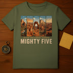 Mighty Five Utah National Parks graphic on olive green t-shirt.