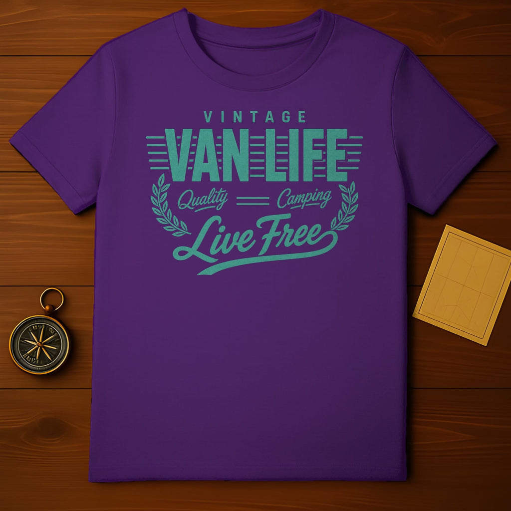 Purple t-shirt with "VINTAGE VAN LIFE Live Free Quality Camping" in teal text.