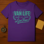Purple t-shirt with "VINTAGE VAN LIFE Live Free Quality Camping" in teal text.