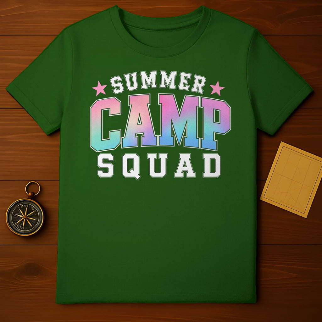 Green t-shirt with "Summer Camp Squad" text, compass, and yellow card.