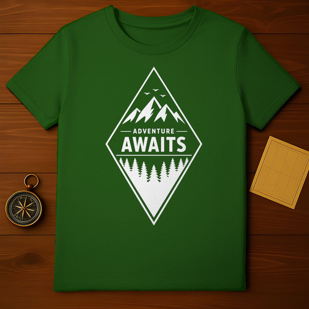 Green diamond shape mountain forest birds ADVENTURE AWAITS t-shirt
adventure awaits
mountain design
forest graphic
nature inspired
outdoor lover
hiking shirt
camping gear
travel enthusiast
wanderlust tee
explorer apparel
wilderness theme
landscape print
green t-shirt
diamond shape
birds illustration
tree motif
unique design
graphic tshirt
gift for adventurer
outdoors lifestyle