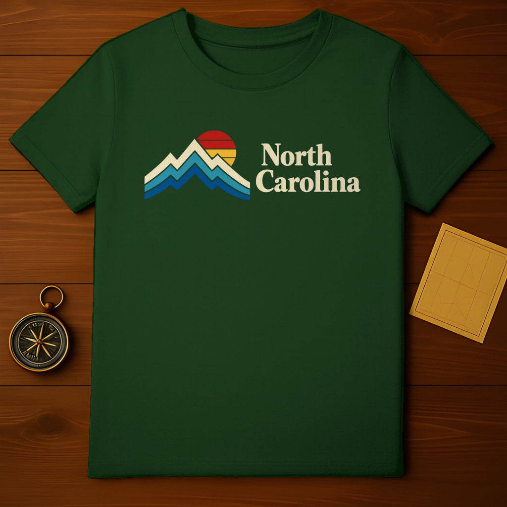 North Carolina Graphic Tee with Mountains and Sun Design